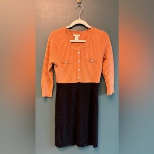 Une Ame Orange & Brown Two-Tone Feminine Colorblock Long Sleeve Knit Dress sz M